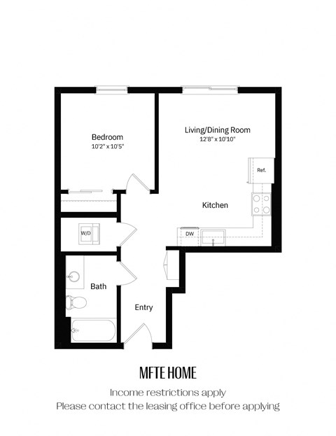 Floor plan for 1 bed, 1 bath, 562 sqft